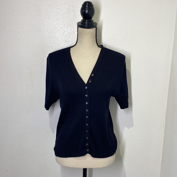 Valerie Stevens Sweaters - VALERIE STEVENS silk navy blue short sleeve button up ribbed knit cardigan Large